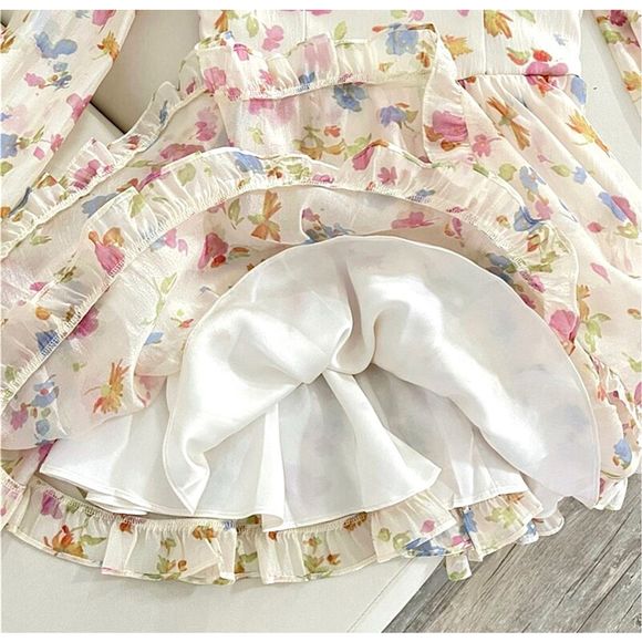 Floral Printed Chiffon Puff Sleeve Ruffled Tiered Birthday Party Flirty … - Picture 4 of 9